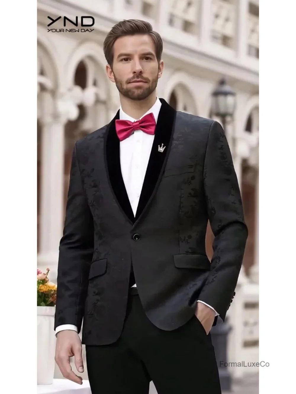 Men's Velvet Floral Blazer Shawl Lapel One Button Suit Jacket Prom Wedding